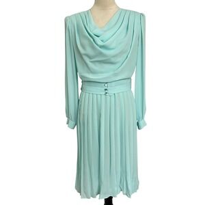 Vintage 80's Lisa Michaels Pleated Dress Cowl Neck Long Sleeve Aqua Women Size 8